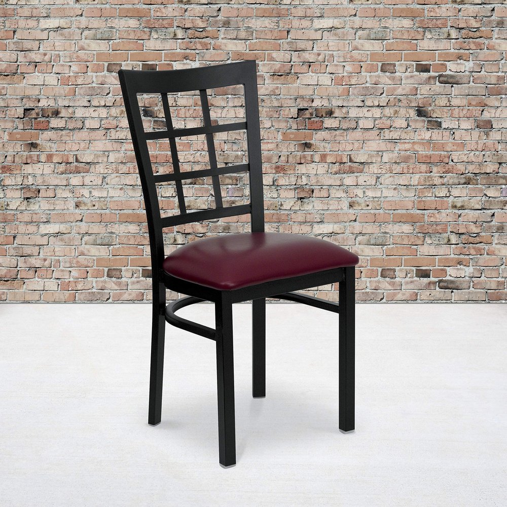 EMMA + OLIVER 2 Pack Black Window Back Metal Restaurant Chair - Burgundy Vinyl Seat