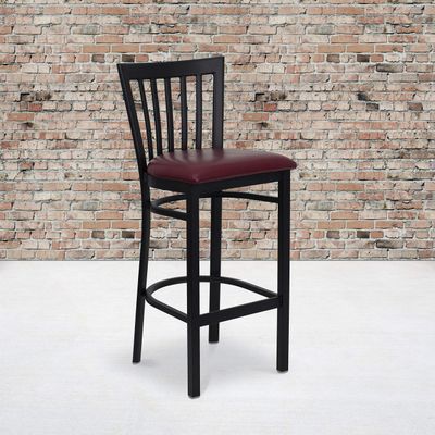 EMMA + OLIVER 2 Pack Black School House Back Metal Restaurant Barstool - Burgundy Vinyl Seat
