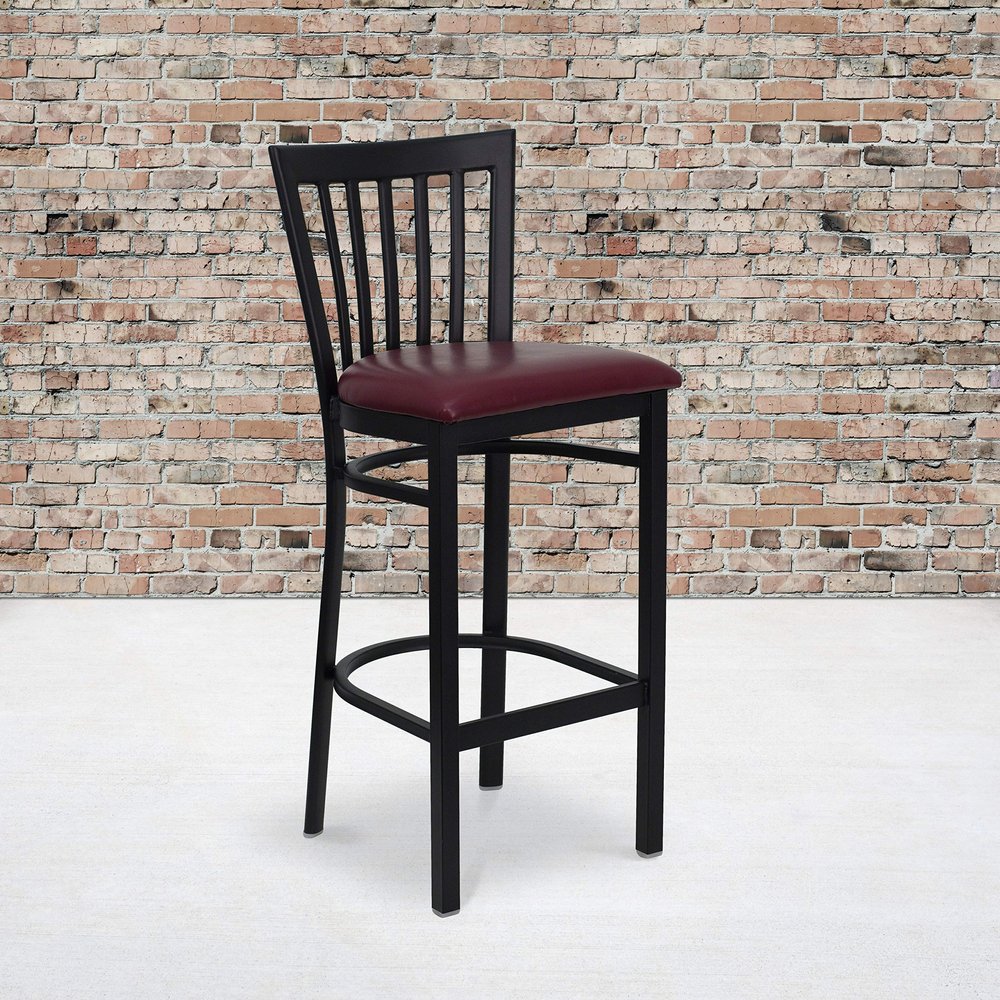 EMMA + OLIVER 2 Pack Black School House Back Metal Restaurant Barstool - Burgundy Vinyl Seat