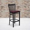 EMMA + OLIVER 2 Pack Black School House Back Metal Restaurant Barstool - Burgundy Vinyl Seat view 1