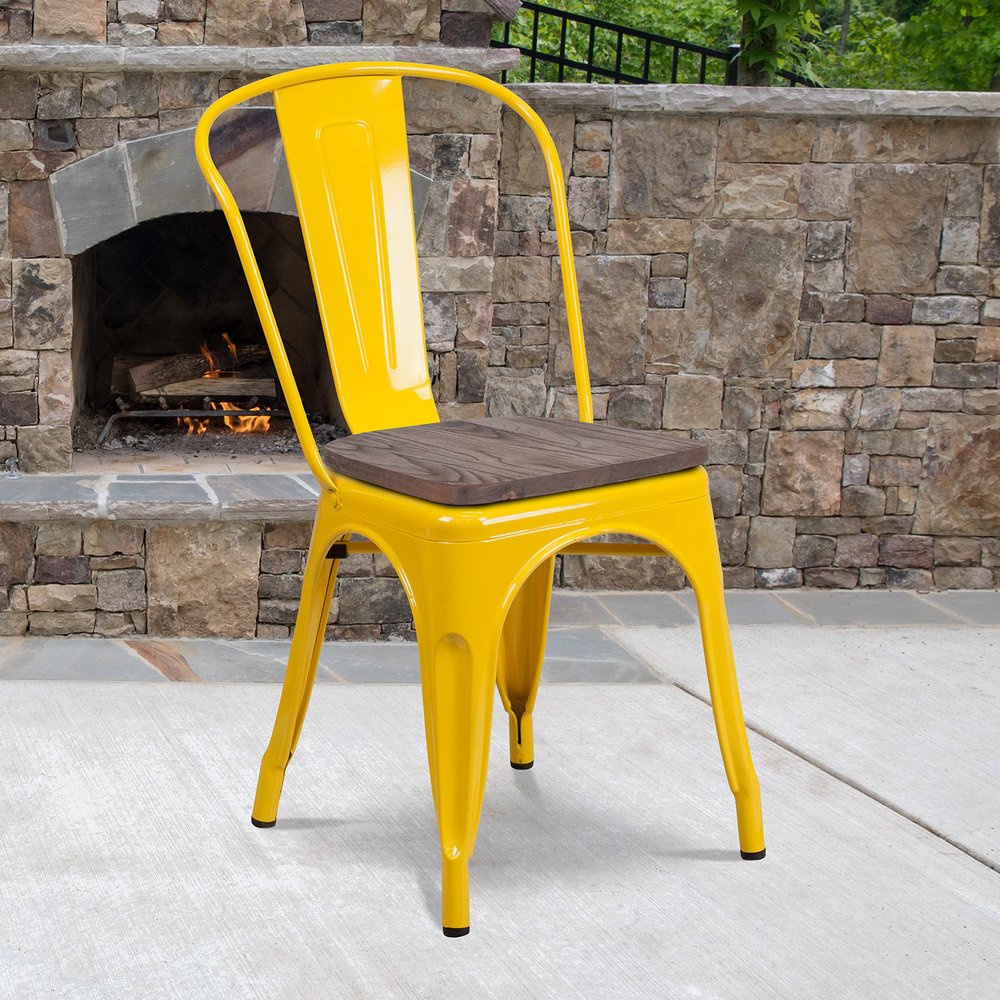 EMMA + OLIVER 4 Pack Yellow Metal Stackable Chair - Wood Seat - Restaurant Chair - Bistro Chair