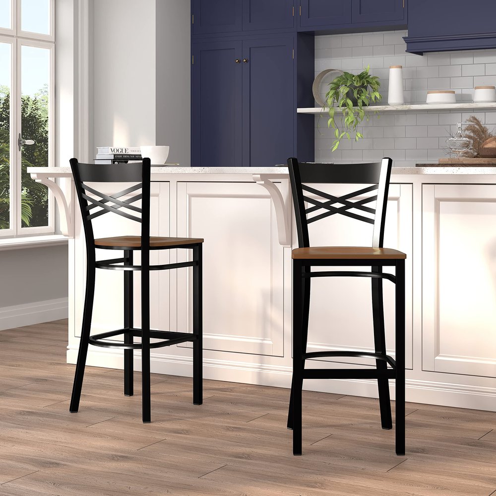 EMMA + OLIVER 2 Pack Black X Back Metal Restaurant Barstool - Cherry Wood Seat