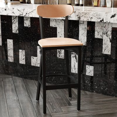 EMMA + OLIVER Yara Industrial Bar Stool - Solid Wood Seat in Natural Birch - Black Steel Frame - Floor Glides - 500 lbs. Static Weight Capacity - Set of 2