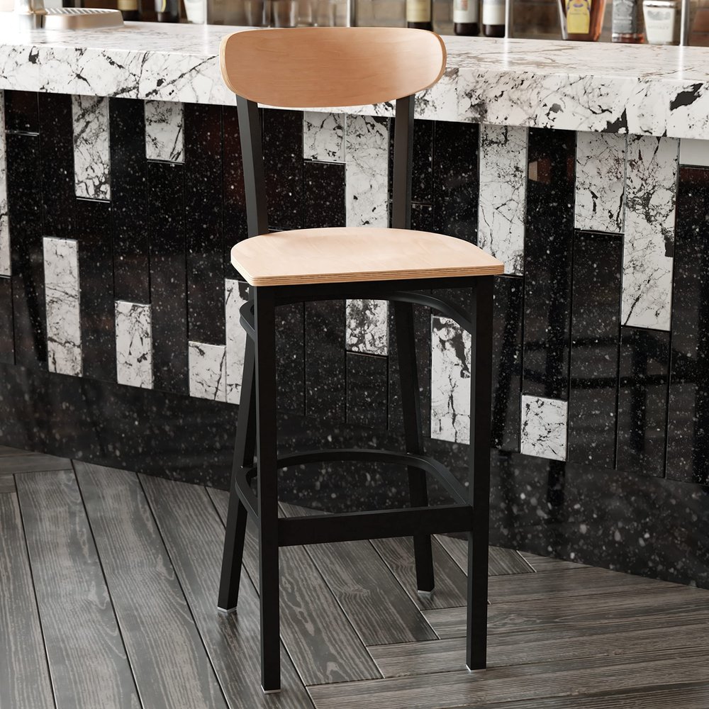 EMMA + OLIVER Yara Industrial Bar Stool - Solid Wood Seat in Natural Birch - Black Steel Frame - Floor Glides - 500 lbs. Static Weight Capacity - Set of 2