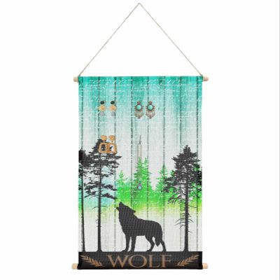 Retro Wolf Forest Black Silhouettes Hanging Jewelry Organizer Earring Holder for Women, Green Teal Ombre Wood Board Earring Organizer for Necklaces Rings on Closet, Wall, Door