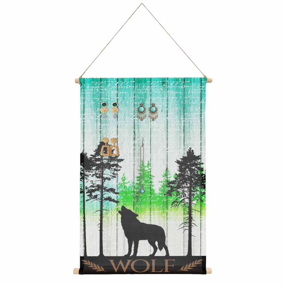 Retro Wolf Forest Black Silhouettes Hanging Jewelry Organizer Earring Holder for Women, Green Teal Ombre Wood Board Earring Organizer for Necklaces Rings on Closet, Wall, Door