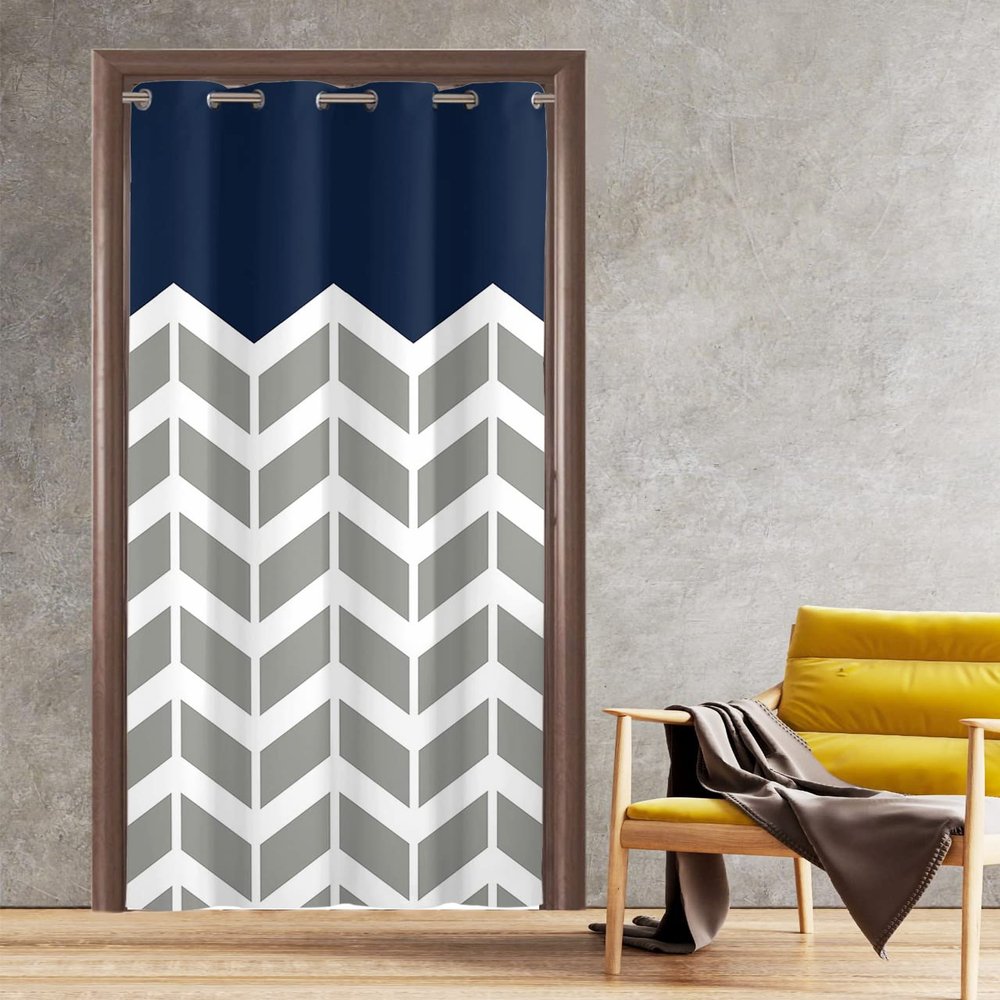 Navy Blue Geometric Chevron Gray Pattern Doorway Curtains Blackout Door Curtains, Striped Classy Neutral Simple Modern Closet Curtains for Bedroom, Grommet Door Curtain, 52''x96'', 1 Panel