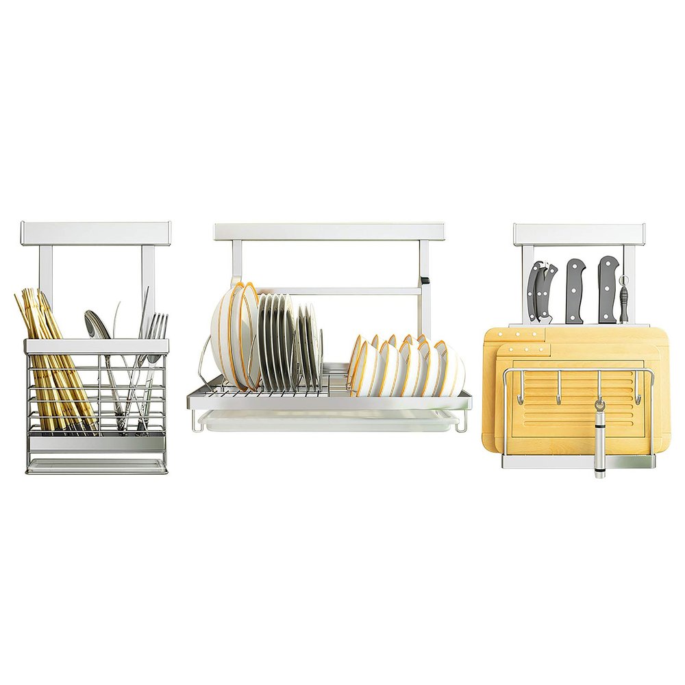 Dish Drying Rack Chopstick Rest Folding Dish Rack with Drainboard Knives Holder Cutting Board Stand with Hooks Set Stainless Steel Spoce Rack