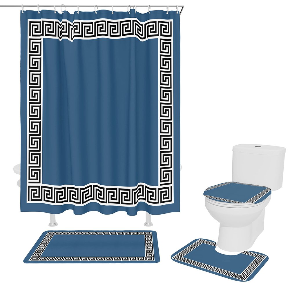 Shower Curtain Set, Chinese Style Design Pattern Navy Blue Shower Curtain, Bathroom Sets with Shower Curtain and Rugs, Bathroom Decor Bathroom Set, Shower Curtains for Bathroom, Bathroom Accessories