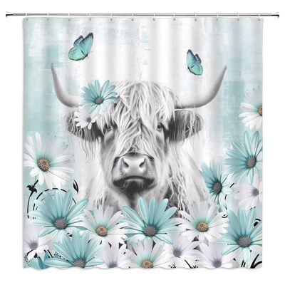 ZWSMZW Farmhouse Highland Cow Shower Curtain Teal Daisy Flower Butterfly Western Bull Funny Wildlife Rustic Country Farm Animal Bathroom Decor Fabric Curtains with Hooks