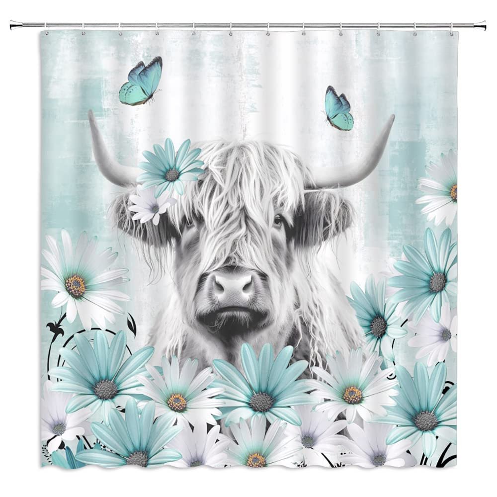 ZWSMZW Farmhouse Highland Cow Shower Curtain Teal Daisy Flower Butterfly Western Bull Funny Wildlife Rustic Country Farm Animal Bathroom Decor Fabric Curtains with Hooks