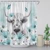 ZWSMZW Farmhouse Highland Cow Shower Curtain Teal Daisy Flower Butterfly Western Bull Funny Wildlife Rustic Country Farm Animal Bathroom Decor Fabric Curtains with Hooks view 3