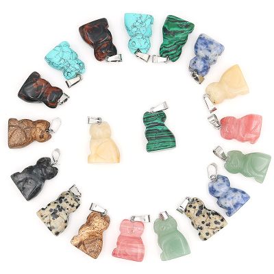 15pcs Sculpture Natural Stone Crystal Pendant Beads Carved Skull Bear Animal Shape Making,cat 16x22