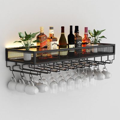 Bar Floating Shelves Wall-Mounted Wine Racks Inverted Wine Glass Rack Multifunctional Iron Bottle Holder Hanging Goblet Rack with Lights
