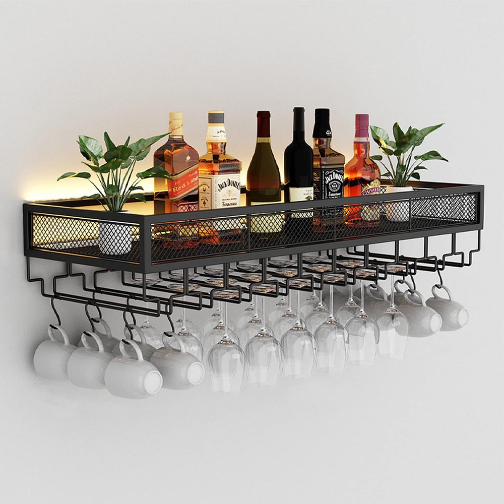 Bar Floating Shelves Wall-Mounted Wine Racks Inverted Wine Glass Rack Multifunctional Iron Bottle Holder Hanging Goblet Rack with Lights