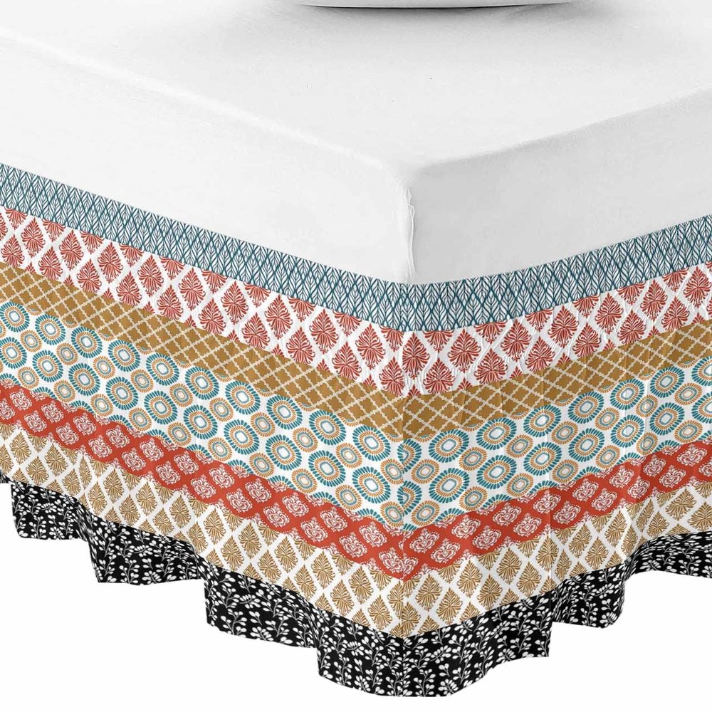 Boho Bed Skirt King Size 18 Inch Drop, Adjustable Elastic Bedskirt Dust Ruffle for King Size Bed, Colorful Striped Ethnic Modern Geometric Abstract Art Wrap Around Bed Skirts Pleated Bed Frame Cover