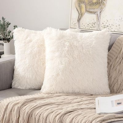 ANRODUO Pack of 2 Beige Throw Pillows Luxury Fluffy Pillows Faux Fur Decorative Pillows Plush Cushion Case Fuzzy Mongolian Merin Style for Bed Couch Sofa and Living Room Spring Home Decor 26x26 Inch