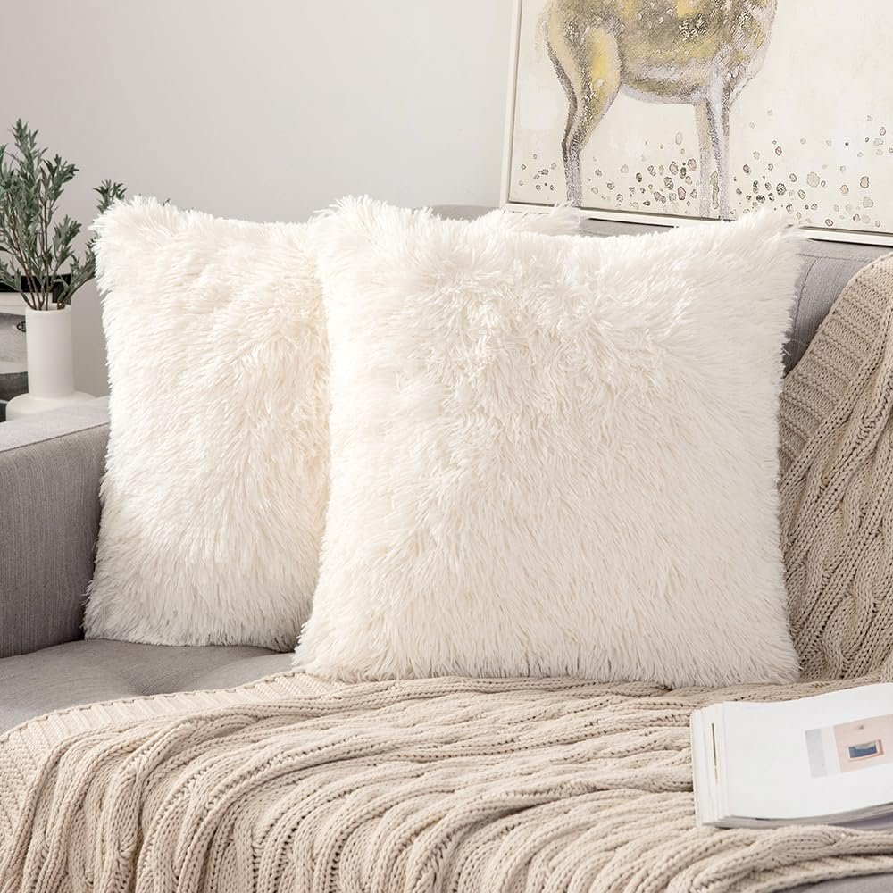 ANRODUO Pack of 2 Beige Throw Pillows Luxury Fluffy Pillows Faux Fur Decorative Pillows Plush Cushion Case Fuzzy Mongolian Merin Style for Bed Couch Sofa and Living Room Spring Home Decor 26x26 Inch