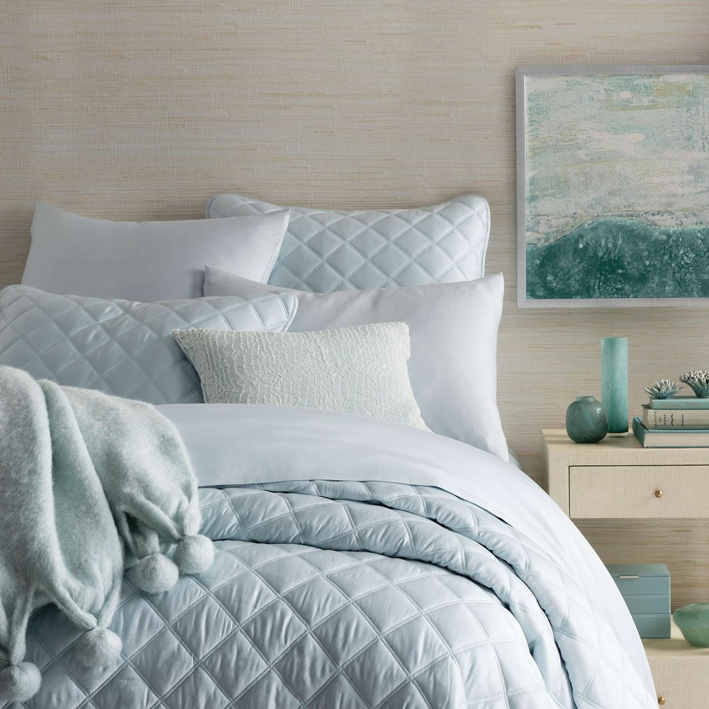 Pine Cone Hill Quilted Silken Solid Robin's Egg Blue Coverlet, Full/Queen Size, Blue Solid Pattern