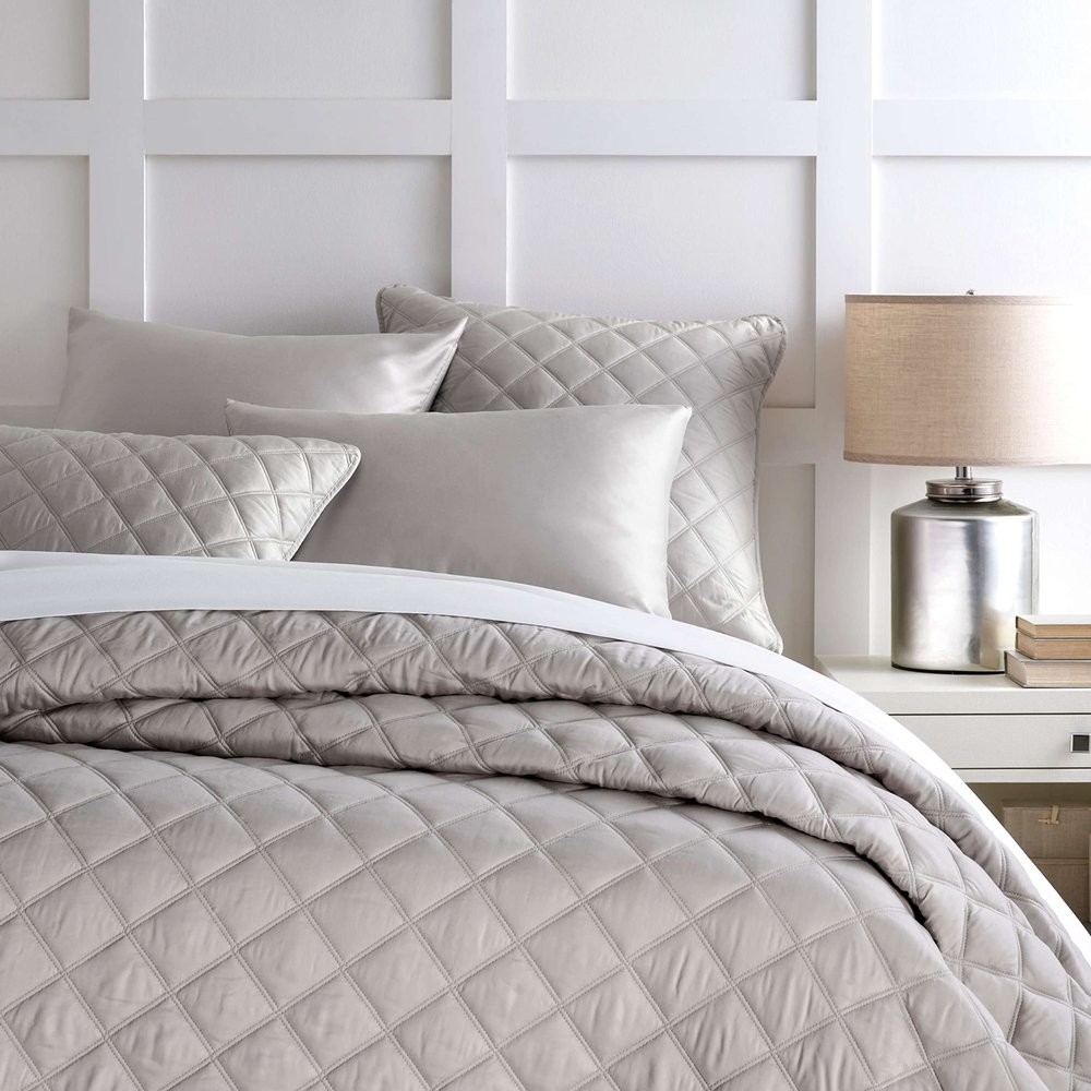 Pine Cone Hill Quilted Silken Solid Grey Coverlet, Twin Size, Grey Solid Pattern