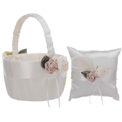 1set Elegant Flower Girl Basket Ring Pillow Set Wedding Supplies Artificial Flowers Satin Finish for Bridal Ceremony Decor Wedding Accessory Set