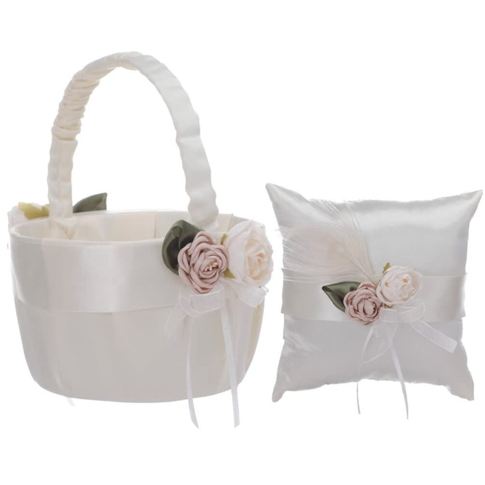 1set Elegant Flower Girl Basket Ring Pillow Set Wedding Supplies Artificial Flowers Satin Finish for Bridal Ceremony Decor Wedding Accessory Set