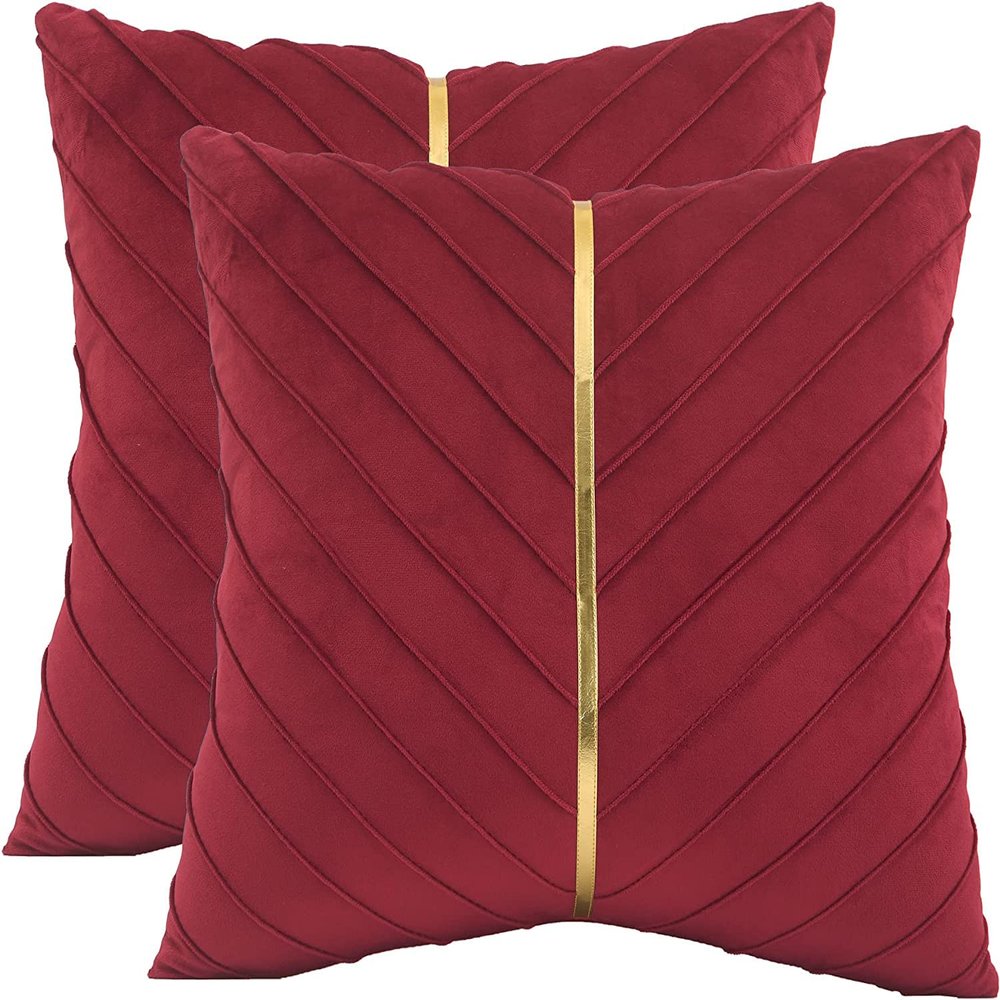 Tosleo Christmas Red Velvet Throw Pillow Covers 16 x 16 inch Pack of 2 with Gold Leather Valentine's Day Decoration Couch Pillow Cover Luxury Modern Pillowcases for Wedding Living Room Bedroom Sofa