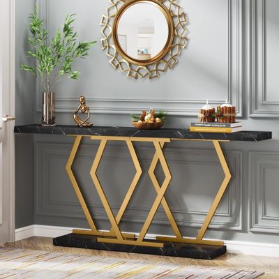 Tribesigns 70.9 Inch Extra Long Sofa TableBlack and Gold Console Table with Faux Marble Tabletop, Modern Long Entryway Table with Gold Frame