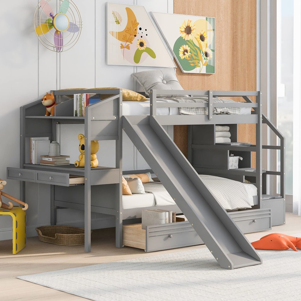 Tdewlye Wood Bunk Bed with Slide,Twin Over Twin Bunk Bed with Storage Staircase, Drawers, Desk with Drawers and Shelves for Kids Teens Girls Boys, No Spring Box Needed (Grey@2)