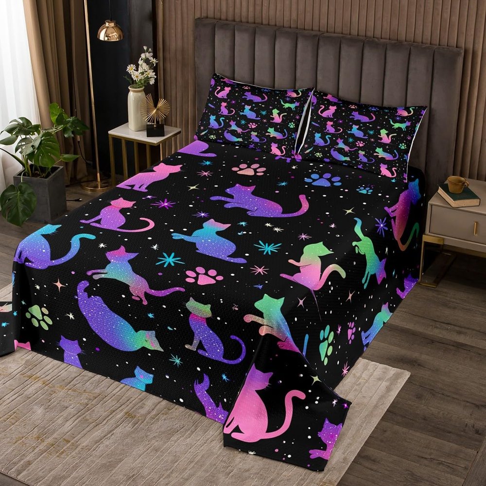 Erosebridal Neon Cat Bedspread King Size Lovely Glowing Kitten Quilt Set, Cute Kawaii Coverlet Set Starry Sky Bedding Set, Gradient Paws Bed Cover Cartoon Animal Themed Room Decor, Black