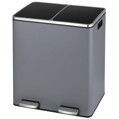 Arlopu Dual Trash Can, 2 x 8 Gallon (2 x 30 L) Hands-Free Trash and Recycle Bin Combo, Stainless Steel Kitchen Garbage Can with Soft-Close Lid, Removable Inner Buckets, Step Pedal, Airtight (Grey)