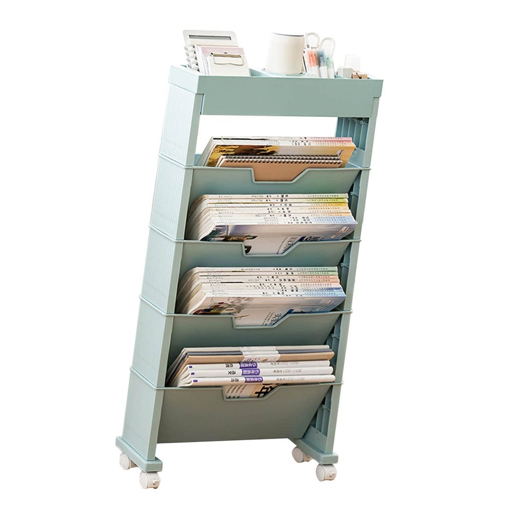 HOHXFYP 5 Tier Foldable Kids Book Rack, Plastic Storage Bookshelf with Universal Wheel, Scalable Multi Function Partition Kids Bookshelf for Classroom, 30.9X15.6X4.7In[4.7in-Blue]