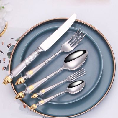 Gorgeous 5-Piece 18/10 Stainless Steel Silverware Set for 1,Antique Vintage Pattern Gold Plated Design Flatware Cutlery Set for Home Wedding Housewarming Gift Mirror Finish(Gold Accent)