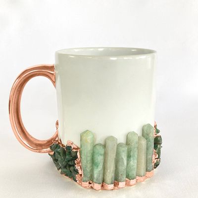 AANTHROPOLOGY By Rhea Set of 2 | White and Gold Ceramic Big Coffee/Tea/Juice/Beverage Mug with Green Semi - precious Agate Crystal | 13 oz/385ml (Rose Gold - Finish)
