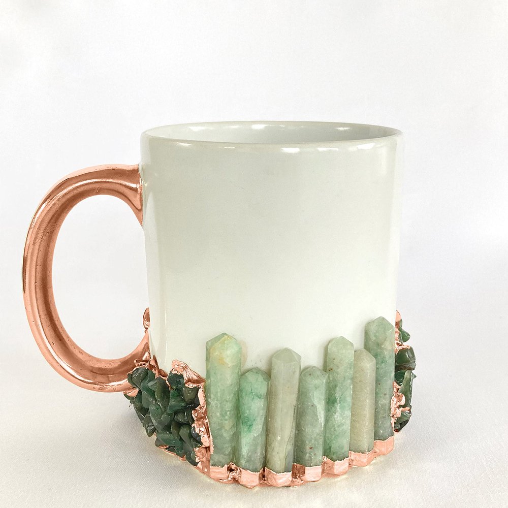 AANTHROPOLOGY By Rhea Set of 2 | White and Gold Ceramic Big Coffee/Tea/Juice/Beverage Mug with Green Semi - precious Agate Crystal | 13 oz/385ml (Rose Gold - Finish)