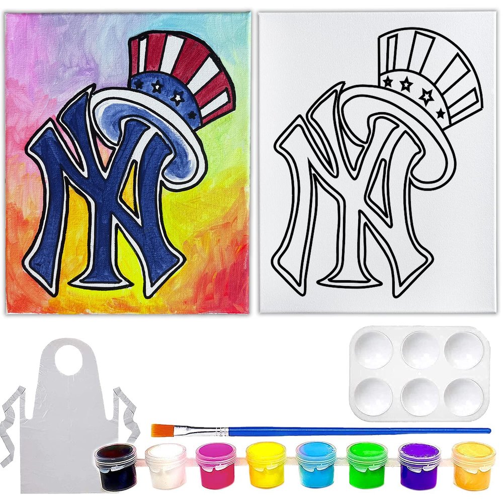 Canvas Painting Kit | NY Yankees | Pre Drawn Stretched Canvas Kit | Retro Sports Artwork | Adult Sip and Paint Party Favor | Therapeutic Painting Kit (8x10 Inches)
