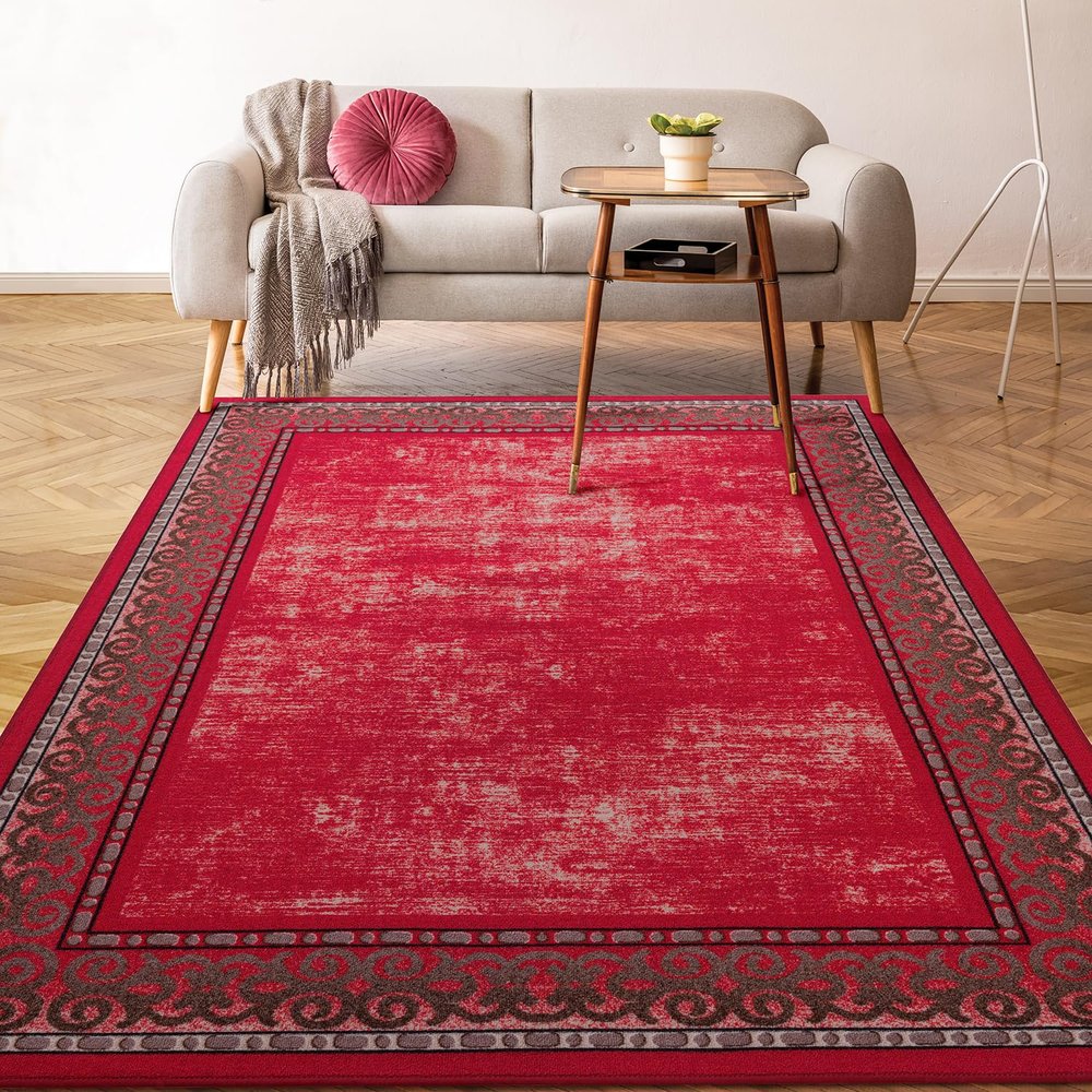 Antep Rugs Alfombras Bordered Modern 4x6 Non-Slip (Non-Skid) Low Pile Rubber Backing Indoor Area Rug (Red, 4' x 5'8")