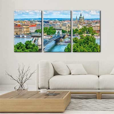 3 Pieces Canvas Prints Wall Art Chain Bridge Modern Wall Decor Budapest Photograph Cityscape Modern Home Decor Danube River Skyline Posters and Prints Stretch Framed Ready to Hang - 16" x 24" x 3