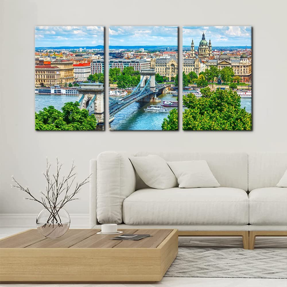 3 Pieces Canvas Prints Wall Art Chain Bridge Modern Wall Decor Budapest Photograph Cityscape Modern Home Decor Danube River Skyline Posters and Prints Stretch Framed Ready to Hang - 16" x 24" x 3
