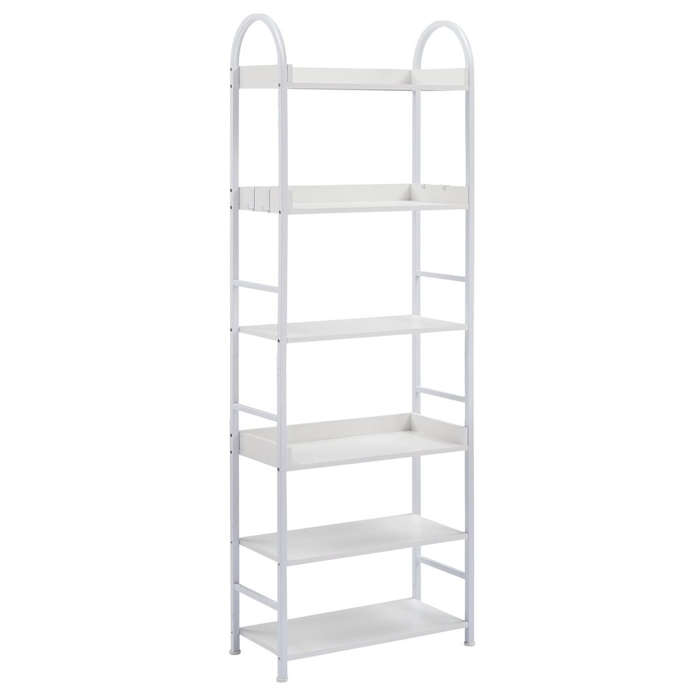 AMEOBA 70.8 Inch Tall Bookshelf, 6-Tier Shelves with Round Top Frame, MDF Boards, Adjustable Foot Pads, White