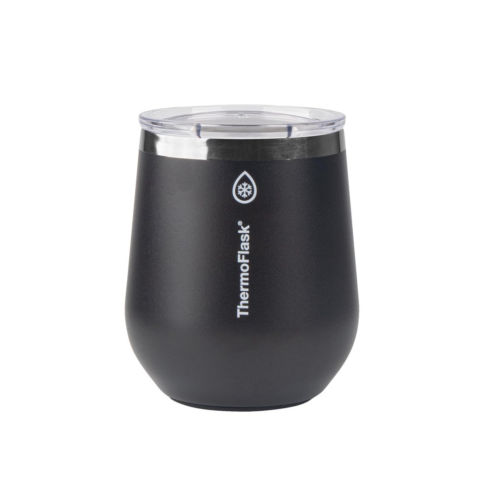 ThermoFlask Drinkware Wine Tumbler - Double-Wall Tumbler for Cold & Hot Drinks - Lightweight & Simple Drink Cup with Lid - Modern & Durable Drinking Cup - 12 oz, Jet Black