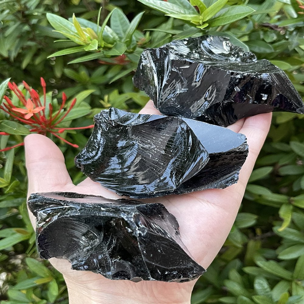 GAF TREASURES Extra Large Black Obsidian Rough Stones, 3-10" Natural Black Obsidian, Raw Black Obsidian Rock (0.3-0.5 lb)