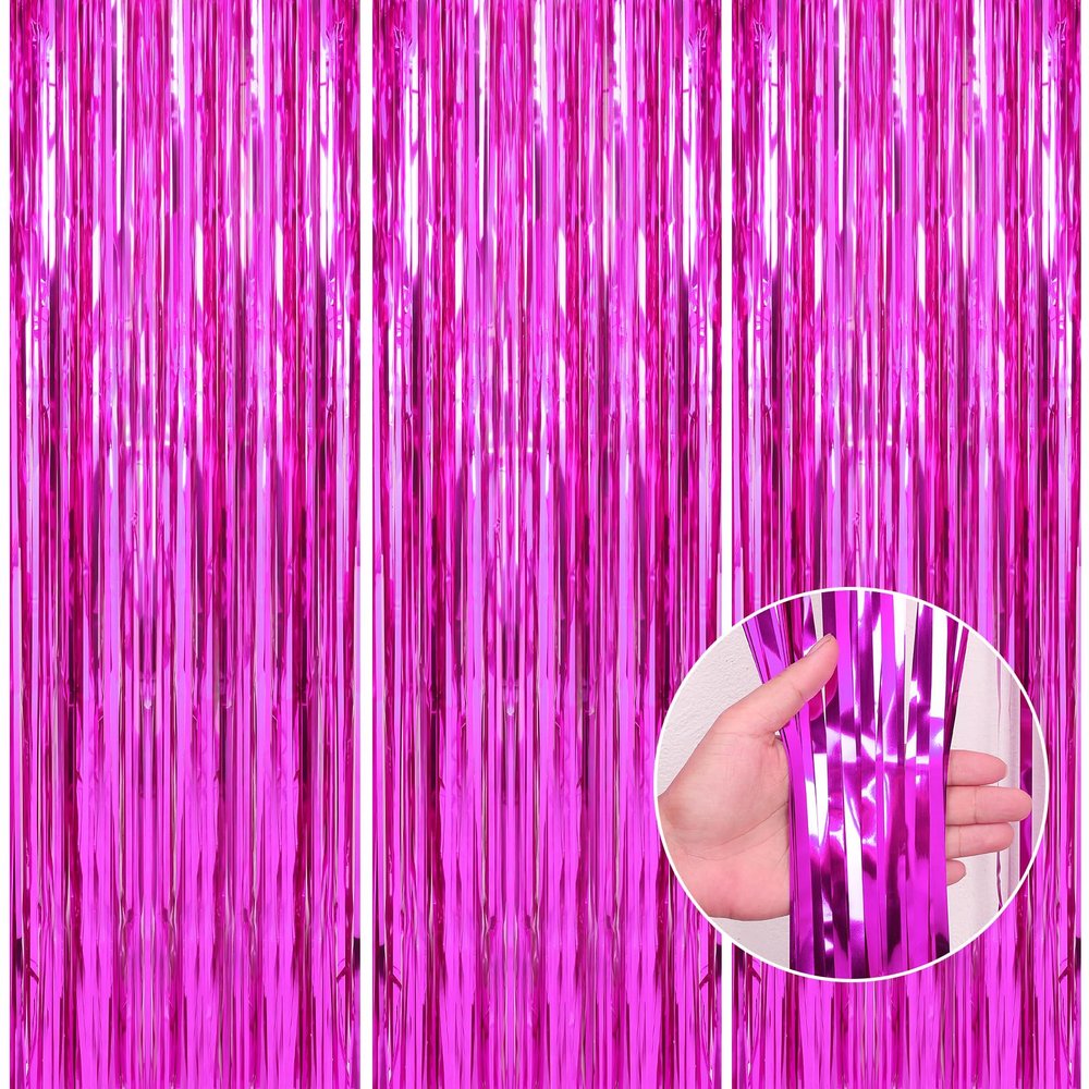 Crosize 3 Pack 3.3 x 9.9 ft Hot Pink Foil Fringe Backdrop Curtains, Streamer Backdrop Curtains, Streamers Birthday Party Decorations, Tinsel Curtains for Parties, Photo Booth Backdrops