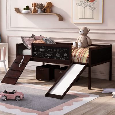 Wooden Twin Size Low Loft Bed with Slide and Double-Sided Chalkboards,2 Storage Boxes,Climbing Frame and Rope,for Kids Teens Girls Boys Use (Espresso@j, Twin)