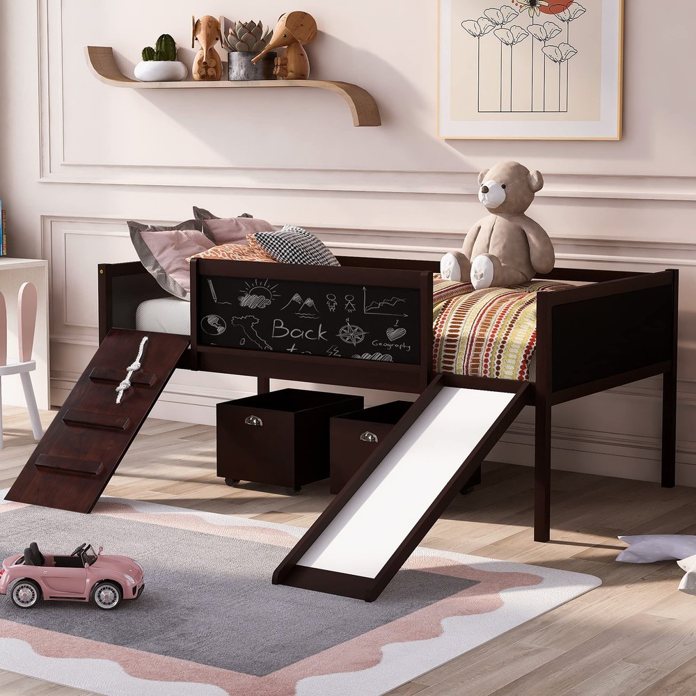Wooden Twin Size Low Loft Bed with Slide and Double-Sided Chalkboards,2 Storage Boxes,Climbing Frame and Rope,for Kids Teens Girls Boys Use (Espresso@j, Twin)
