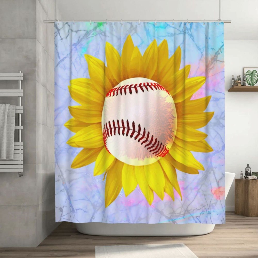 KURISOE Baseball Ball Shower Curtain Sunflower Flower, 72x72 Inchs Bath Curtain for Bathroom Decor, Washable Cloth with Hooks