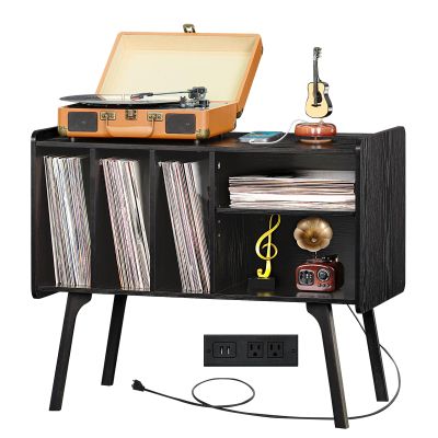 Lerliuo Record Player Stand with Charging Station Holds Up to 220 Albums, Large Turntable Stand with 4 Cabinet, Mid-Century Record Player Table,Black Vinyl Holder Storage Shelf for Bedroom Living Room