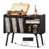 Lerliuo Record Player Stand with Charging Station Holds Up to 220 Albums, Large Turntable Stand with 4 Cabinet, Mid-Century Record Player Table,Black Vinyl Holder Storage Shelf for Bedroom Living Room view 1