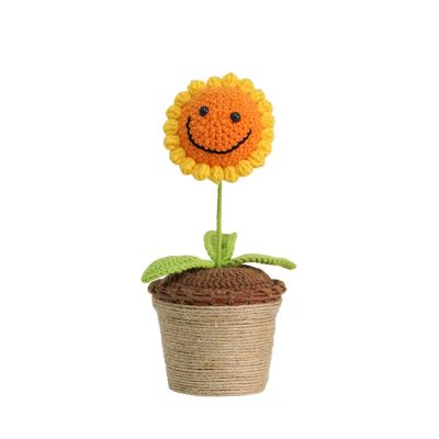 Hand-Knitted Smiles Sunflower Bouquet Potted Wool Crochet Artificial Flowers Car Ornament Table Decorate Creative Gift (Color : Sunflower 1 Flower Head, Size : 1PCS)