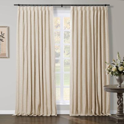 TWOPAGES Sand Beige Light Filtering Drapes Pinch Pleat Curtains for Living Room Sliding Glass, Heavyweight Curtains Breathable Linen Cotton Blend Drapes (52W x 90L Inches, Set of 2)